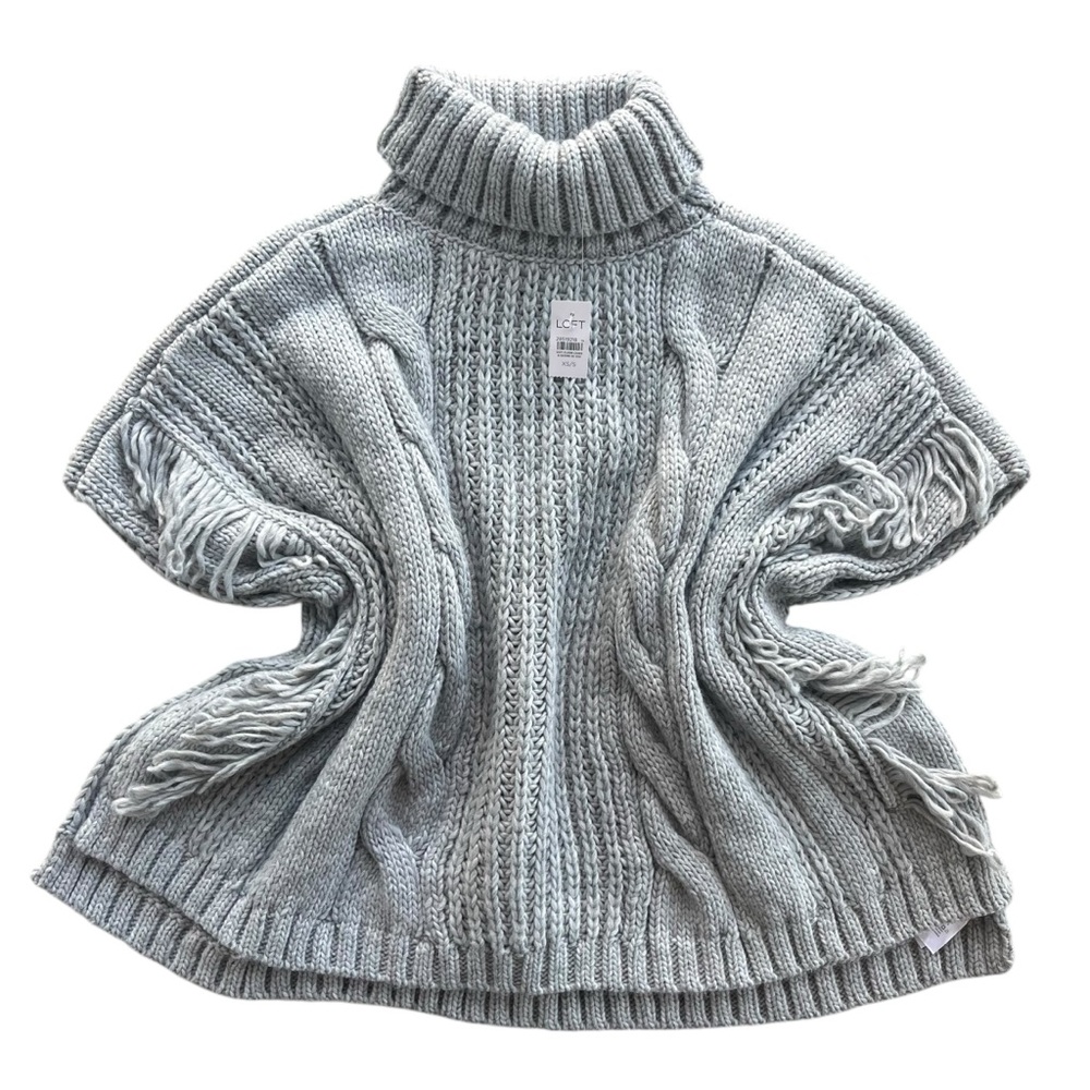 Ann Taylor Loft Womens Size XS/S Gray Cable Knit Fringe Cowl Neck Poncho Sweater